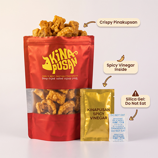 Kinapusan pack contents: crispy pinakupsan, spicy vinegar sachet, and silica gel